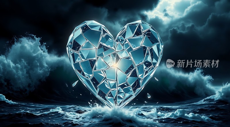 破碎的心形水晶在风暴中闪耀