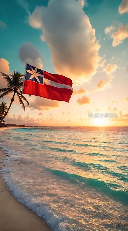 日落下的多米尼加国旗与海滩美景
