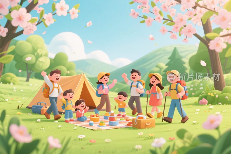 一家人户外野餐欢乐场景