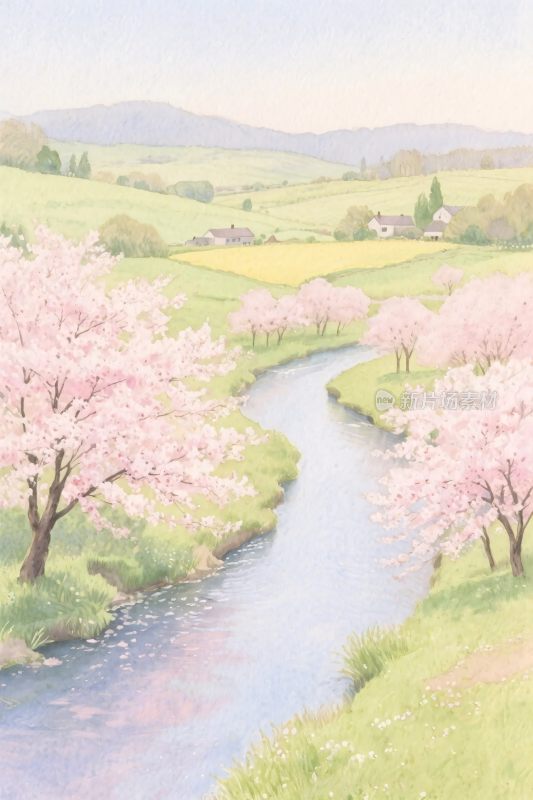 春日樱花溪景插画
