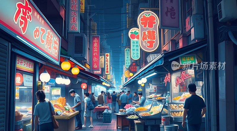 霓虹灯下的夜市繁华景象