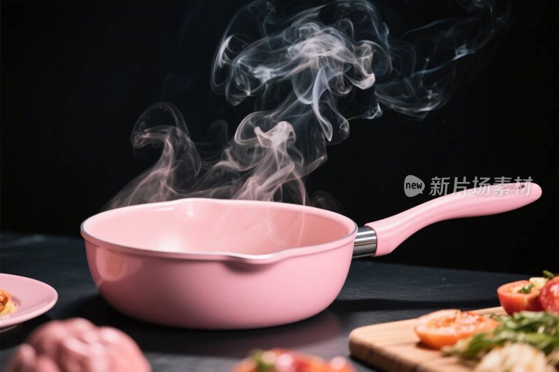 粉色锅具与蒸汽的厨房场景