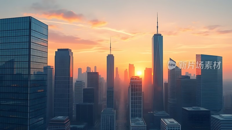 城市日出摩天大楼与晨光共舞