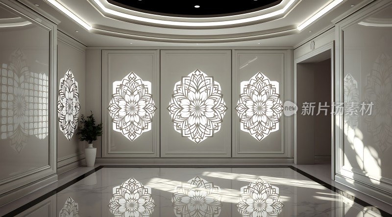 现代简约风格室内设计白色墙面装饰精美图案地面光滑反光整体氛围高雅宁静