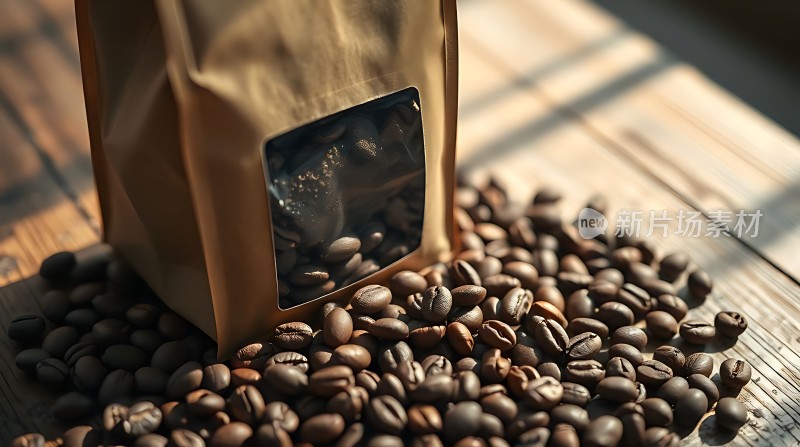 阳光下的咖啡豆与包装袋