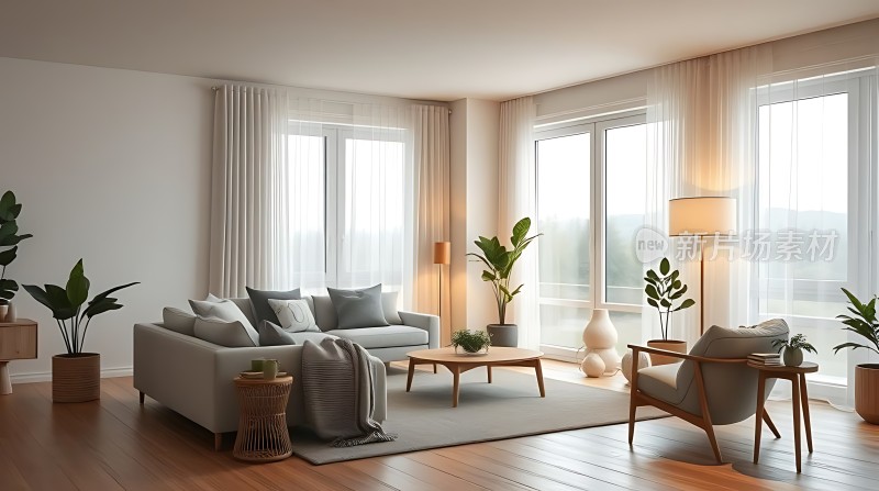 现代简约客厅自然光线充足绿植点缀温馨舒适