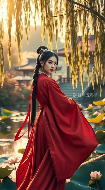 汉服佳人柳下荷花池畔