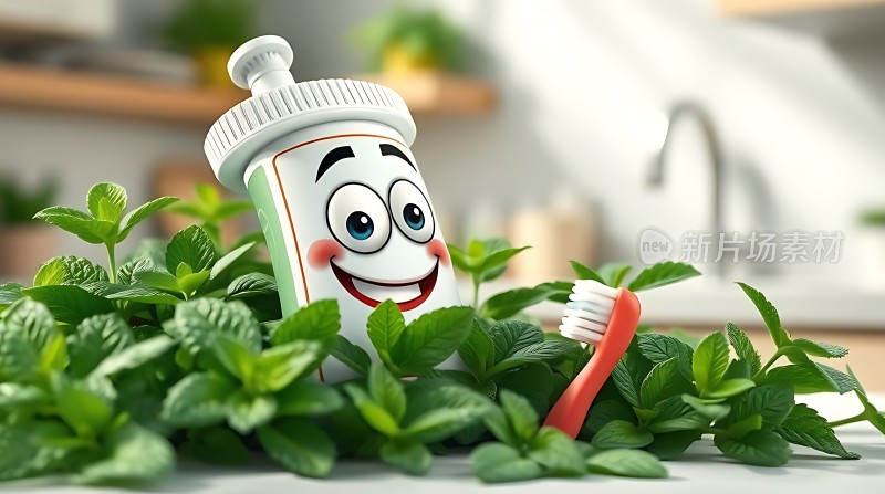 薄荷牙膏与牙刷的温馨互动