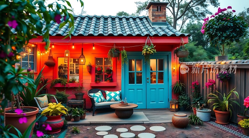 温馨小屋绿意盎然灯光璀璨