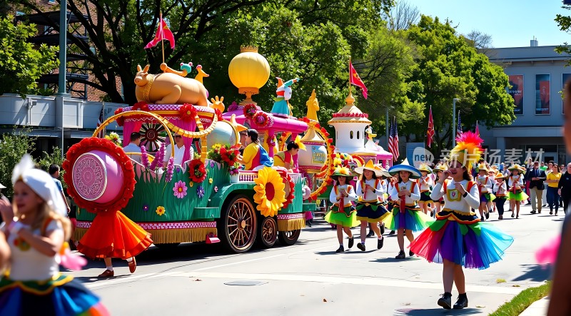 彩色花车游行孩子们欢快起舞