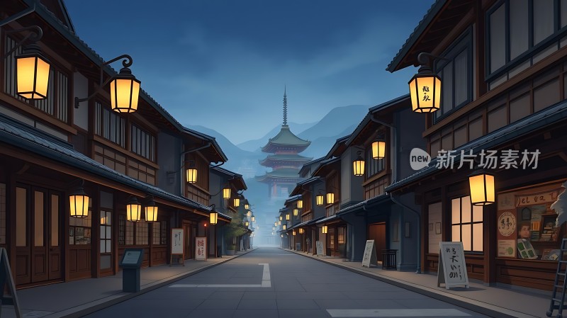 古街夜色灯火阑珊映塔影