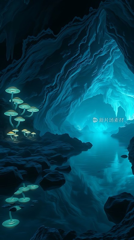 神秘洞穴中的荧光蘑菇