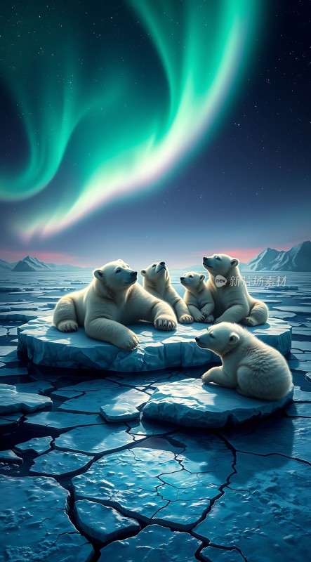 北极光下的北极熊家庭