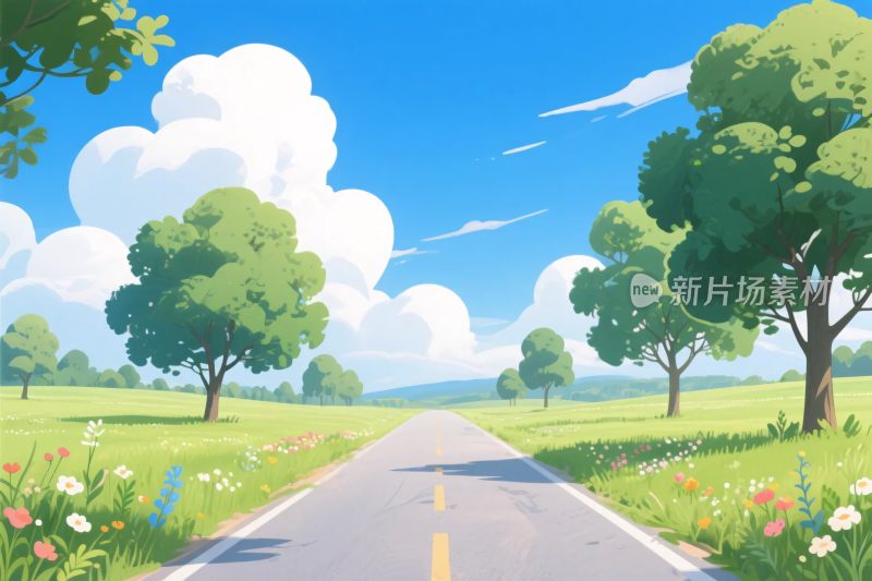 卡通道路风景画
