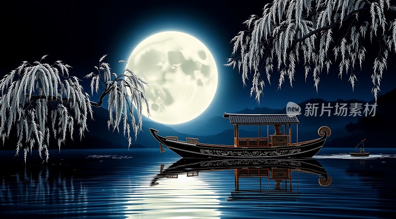 月下小船静卧湖面
