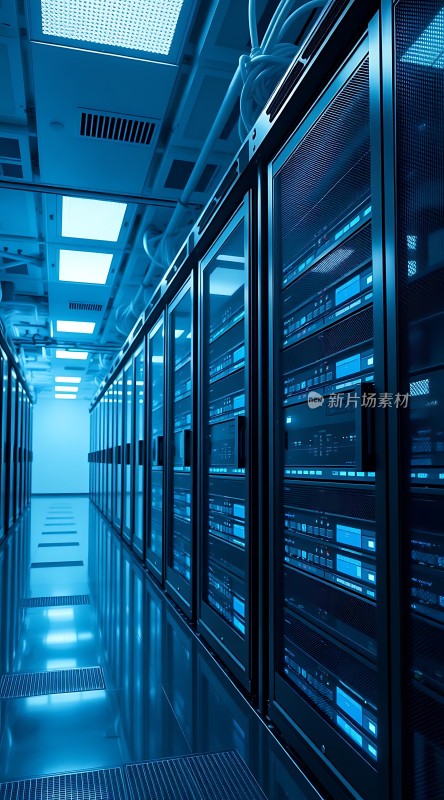 科技感数据中心蓝色调服务器机柜排列整齐