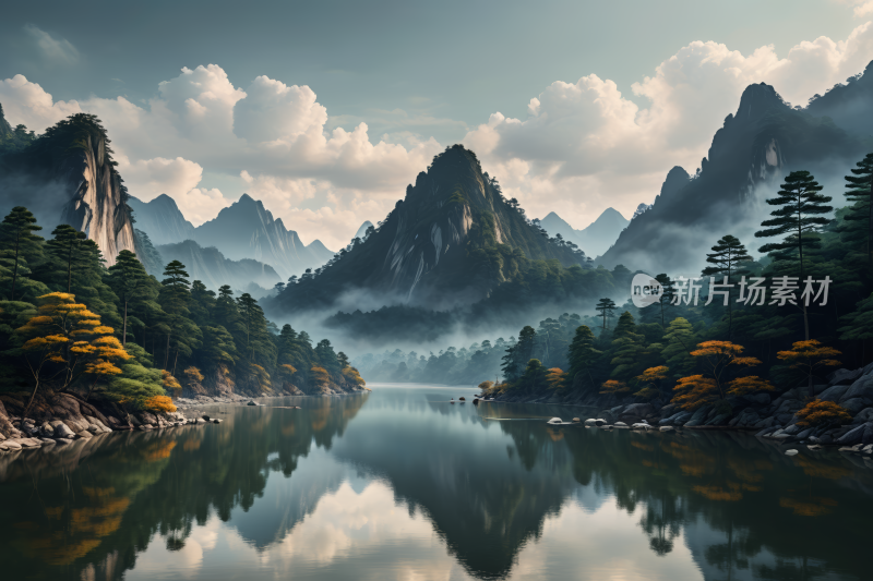 山林倒影在山区的湖泊中高清风景插画图片