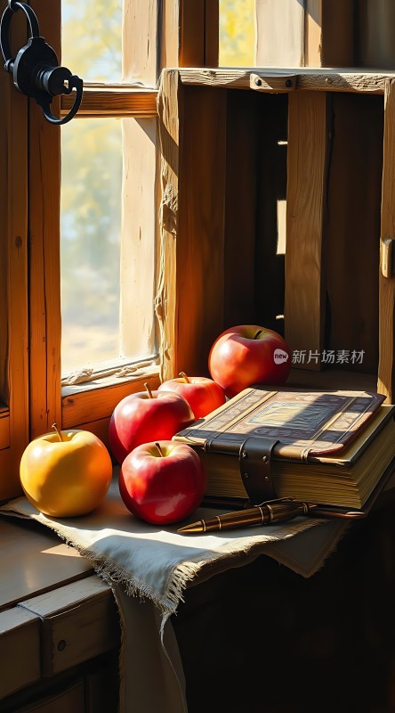 阳光下的苹果与书本