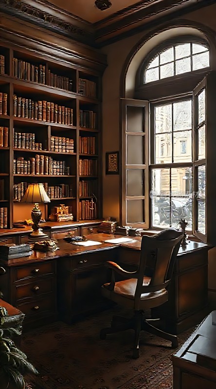 古董书架与木制书桌的结合