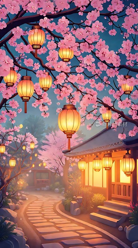 春夜灯笼映花影