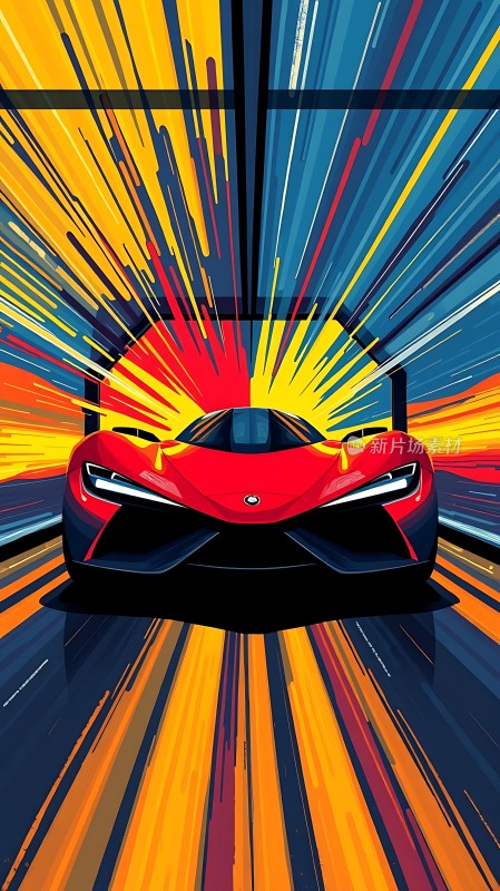 红色跑车疾驰而过色彩斑斓的背景映衬出速度与激情