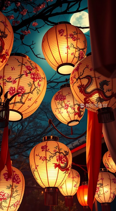 灯笼夜月映花枝