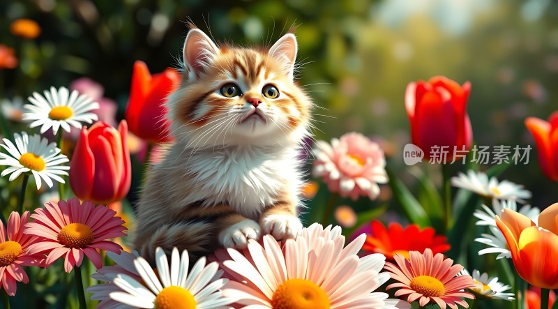 小猫在花丛中探出头