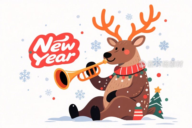 新年驯鹿吹喇叭插画