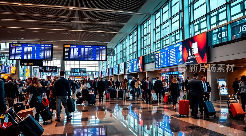 繁忙机场候机大厅旅客们拖着行李箱排队等待登机