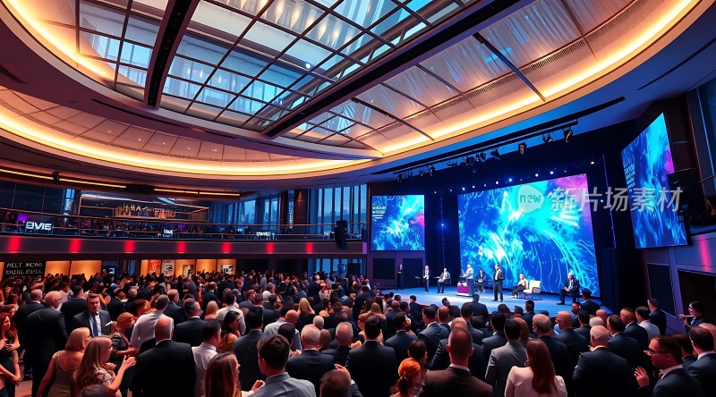 新品发布会现场观众席座无虚席舞台背景绚丽多彩