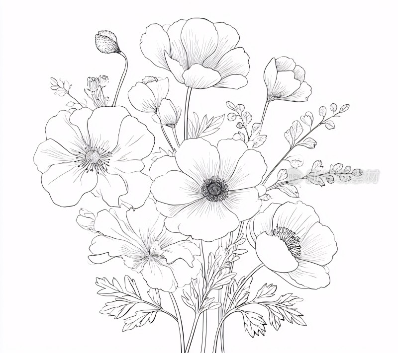 黑白线条绘制的花卉插画