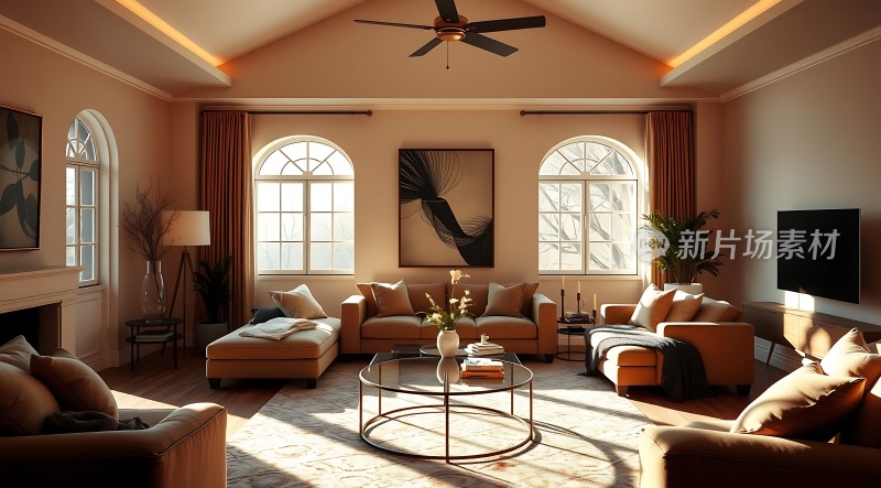 温馨客厅阳光洒落舒适沙发现代装饰画优雅生活空间