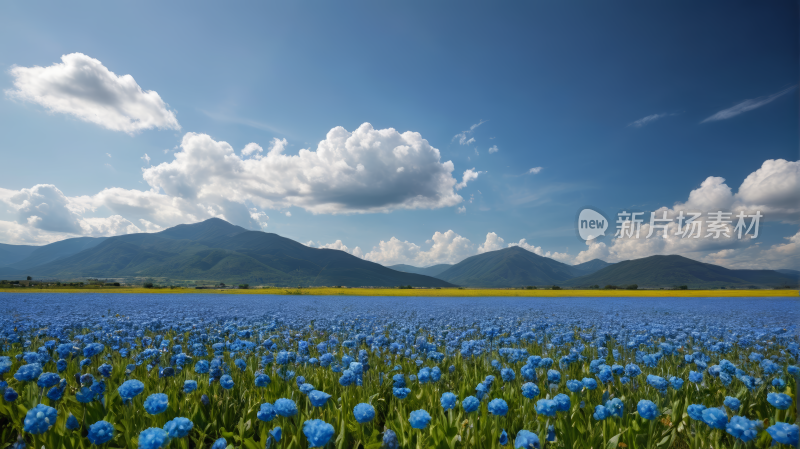 一片蓝色的花田背景是高山风景图片