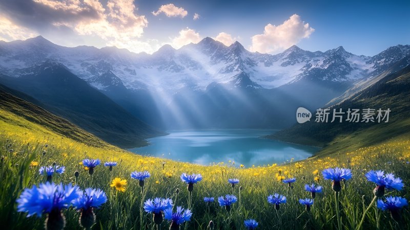 雪山下的宁静湖泊 雪山 湖泊 草地 鲜花