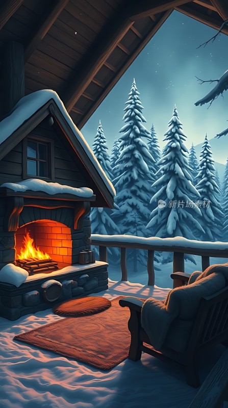 雪夜暖炉旁的温馨小屋