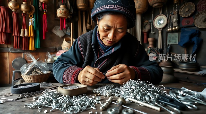 手工匠人专注编织传统饰品