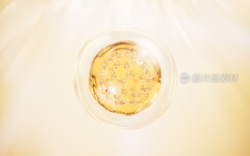 透明分子与金色液滴3D渲染