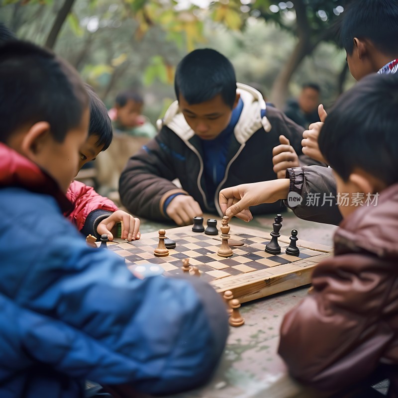 围坐一起对弈国际象棋