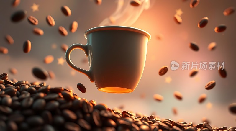 咖啡香气四溢热气腾腾的杯子悬浮在空中周围是飞舞的咖啡豆