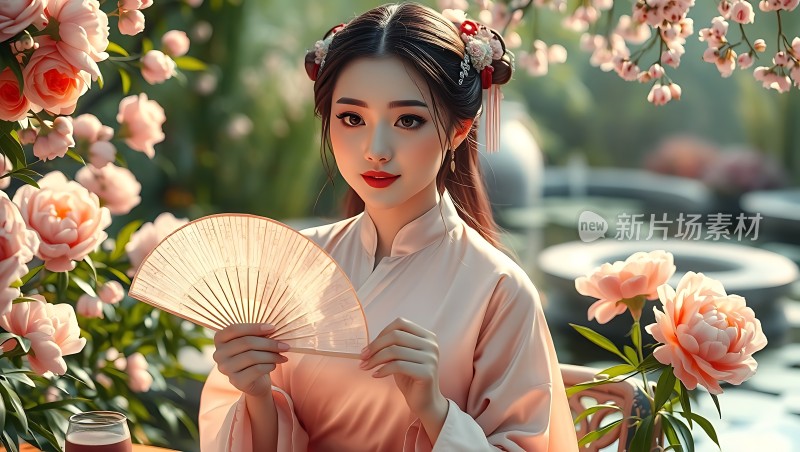 汉服佳人花间轻摇扇子