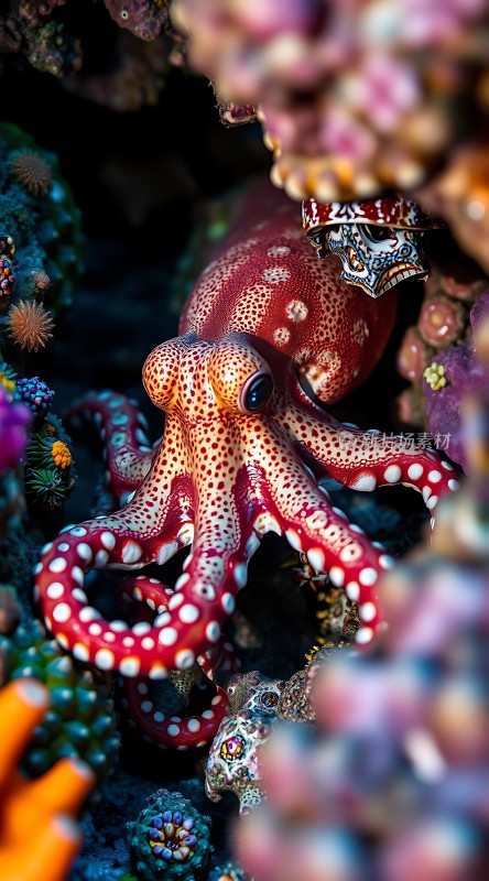 红白相间章鱼在珊瑚丛中探出头