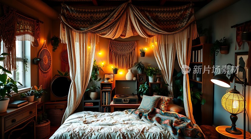 温馨卧室绿植环绕灯光柔和营造舒适氛围