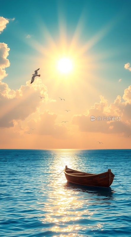 阳光下的海船与飞翔的海鸥