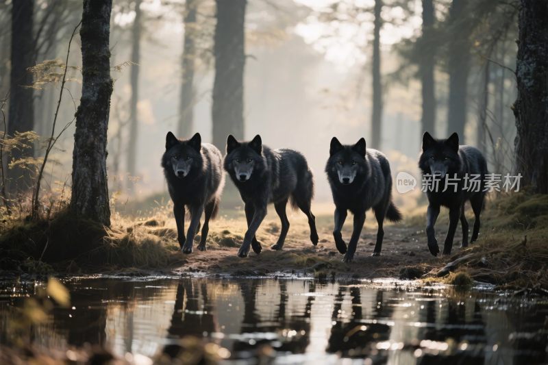 森林中四只狼奔跑场景