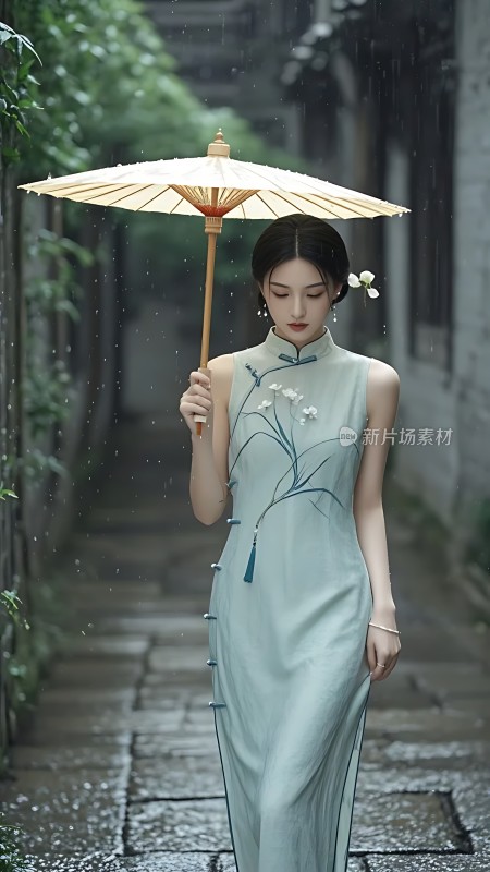 雨中旗袍佳人撑油纸伞