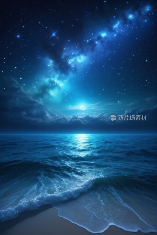 海洋上有星星和月亮的夜空高清风景图片