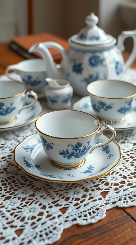 蓝白瓷茶具优雅展示