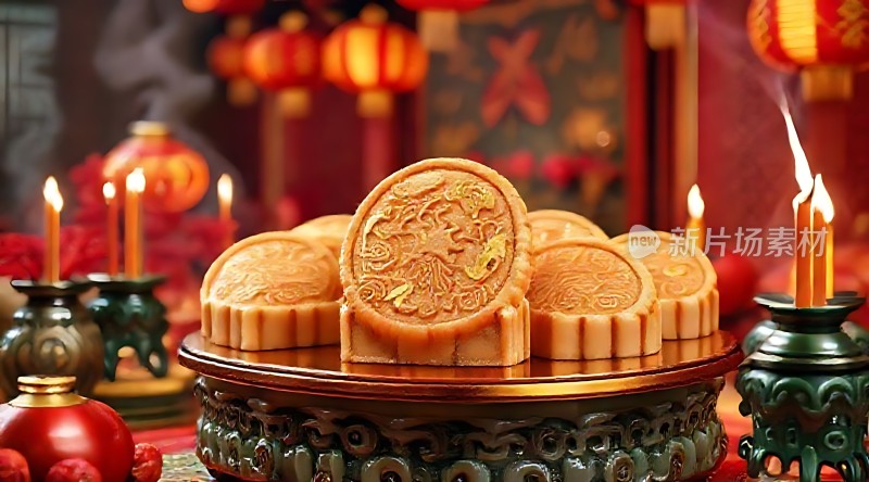 中秋佳节月饼飘香红烛高照灯笼映红