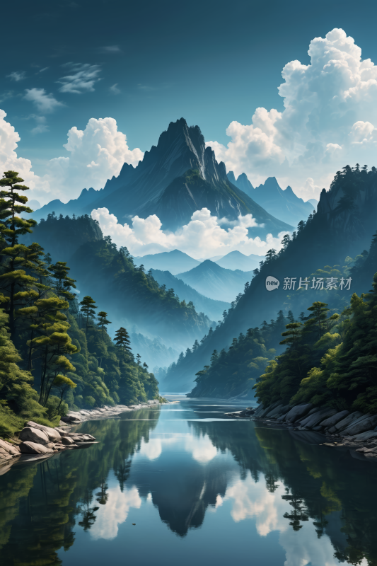 一个山湖高清插画图片