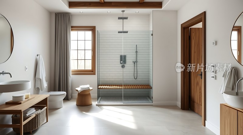 现代浴室设计简约风格玻璃淋浴房木质装饰自然光线充足